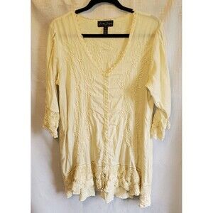 Gretty Zueger XL Cream Embroidered Lace Trim Tunic Blouse Lagenlook Shabby Chic